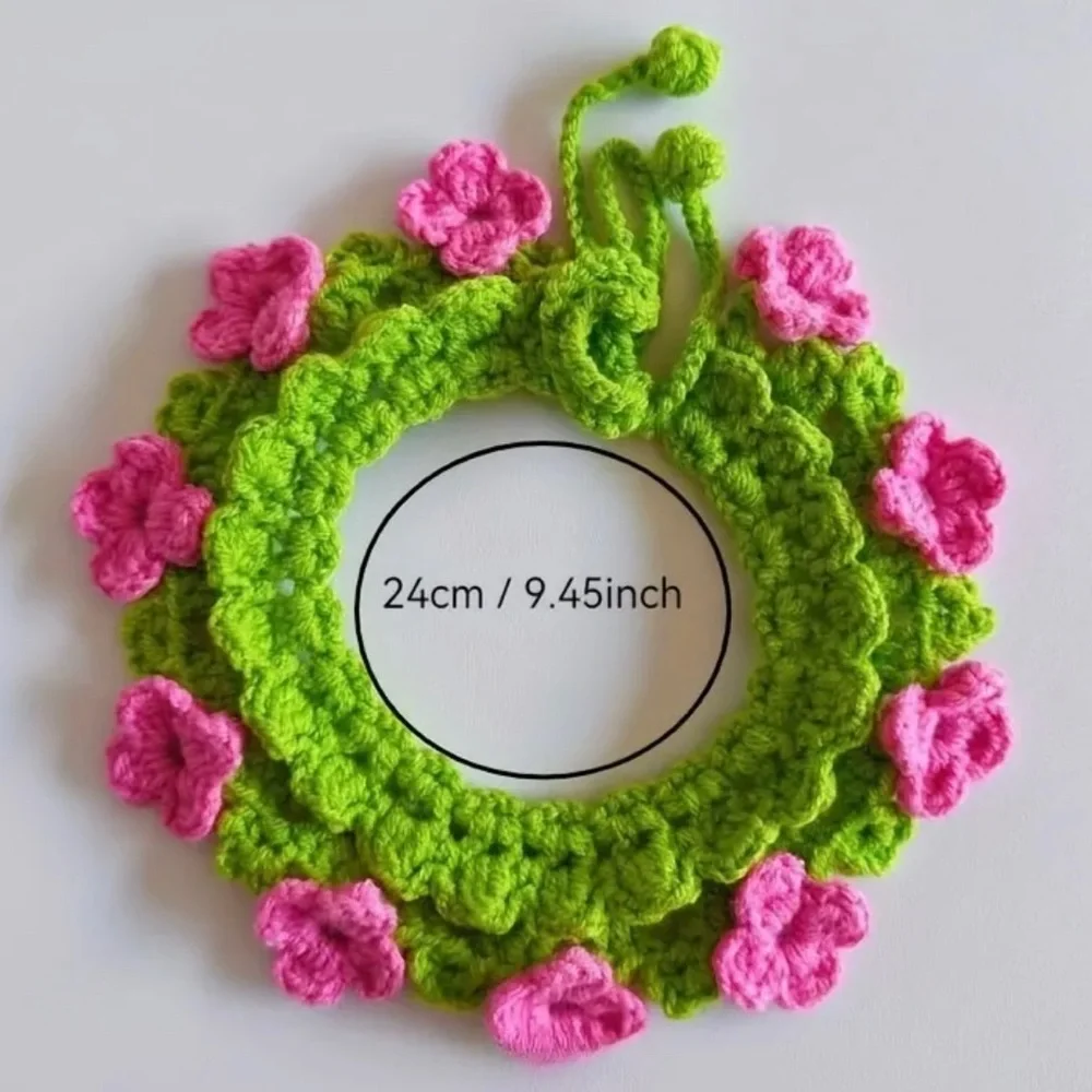 Crochet Small Pet Floral Neckband Collar Photo Prop with Flower - Pink and Green